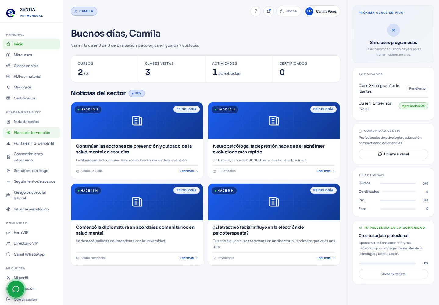 Panel del miembro VIP de SENTIA